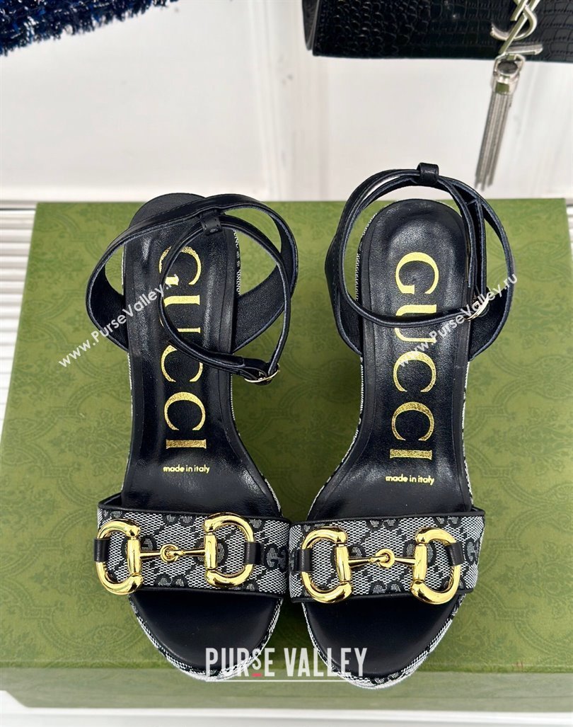 Gucci GG Canvas Wedge Sandals 12cm with Horsebit Grey/Black 2024 0605 (MD-240605052)