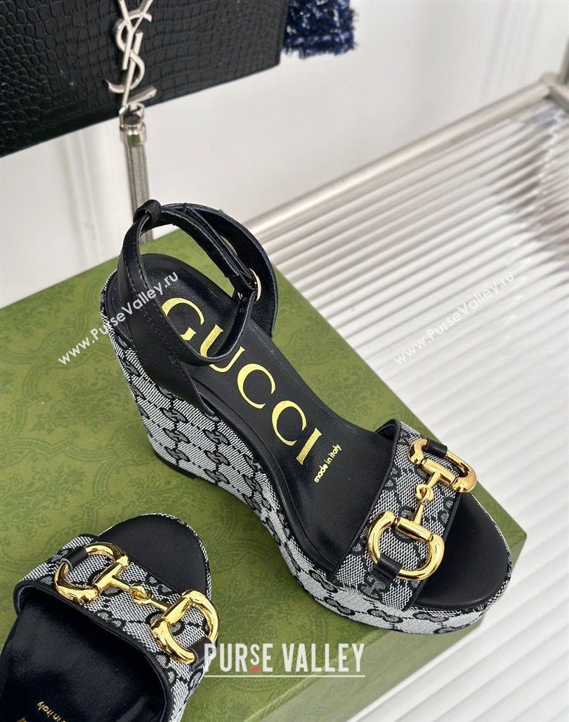 Gucci GG Canvas Wedge Sandals 12cm with Horsebit Grey/Black 2024 0605 (MD-240605052)