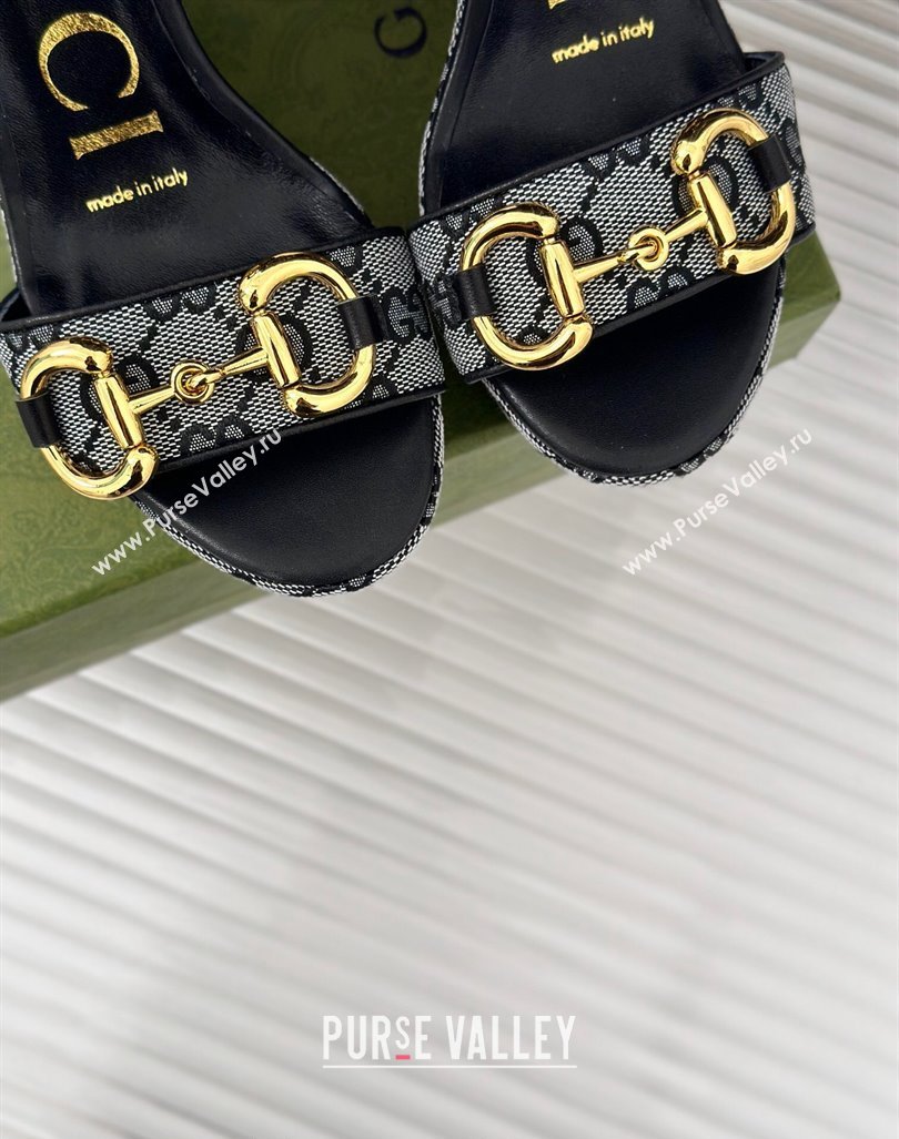 Gucci GG Canvas Wedge Sandals 12cm with Horsebit Grey/Black 2024 0605 (MD-240605052)