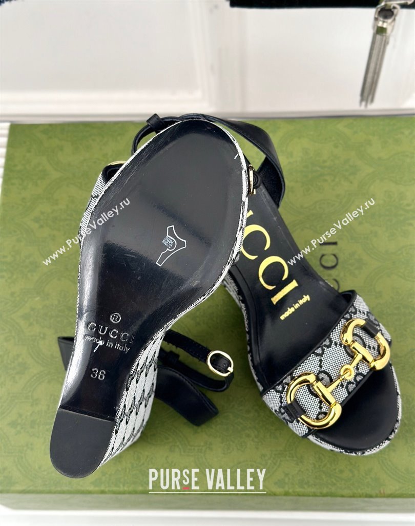 Gucci GG Canvas Wedge Sandals 12cm with Horsebit Grey/Black 2024 0605 (MD-240605052)