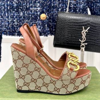 Gucci GG Canvas Wedge Sandals 12cm with Horsebit Brown 2024 0605 (MD-240605053)