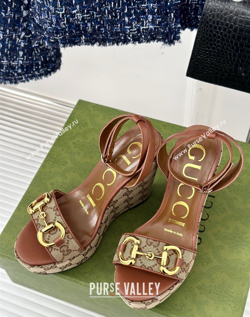 Gucci GG Canvas Wedge Sandals 12cm with Horsebit Brown 2024 0605 (MD-240605053)