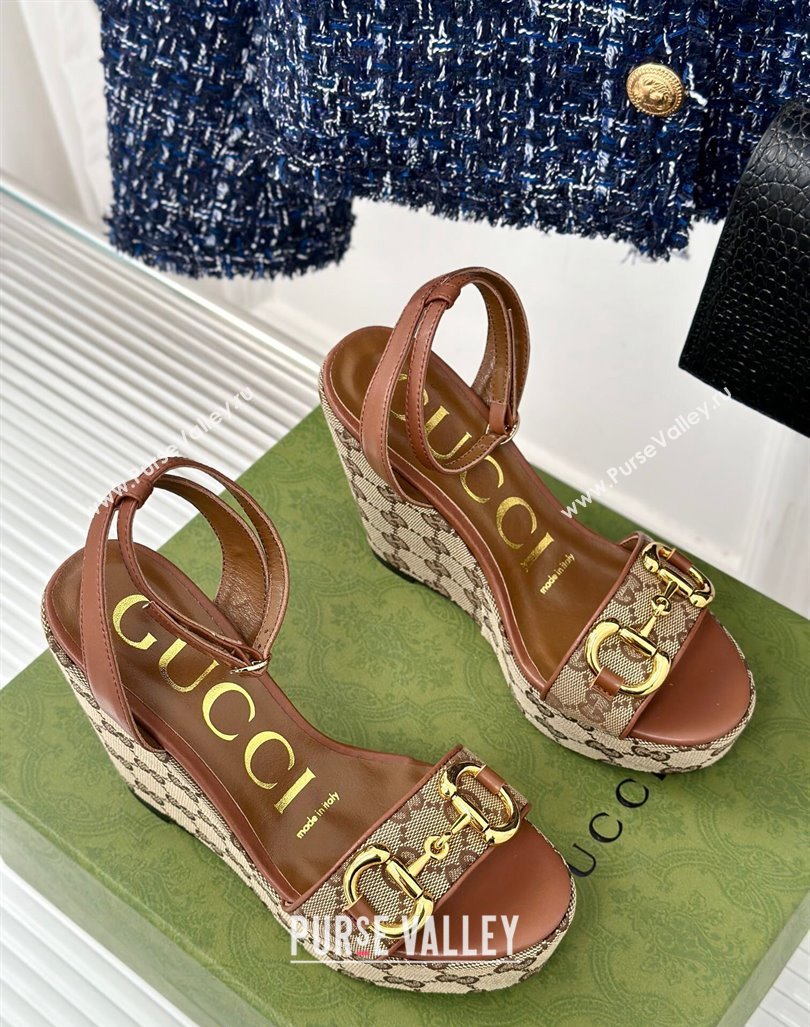 Gucci GG Canvas Wedge Sandals 12cm with Horsebit Brown 2024 0605 (MD-240605053)