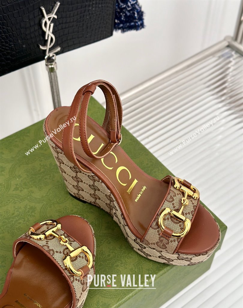 Gucci GG Canvas Wedge Sandals 12cm with Horsebit Brown 2024 0605 (MD-240605053)