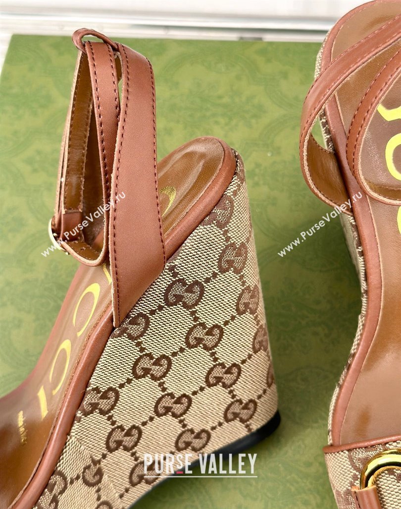 Gucci GG Canvas Wedge Sandals 12cm with Horsebit Brown 2024 0605 (MD-240605053)