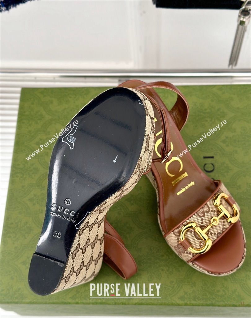 Gucci GG Canvas Wedge Sandals 12cm with Horsebit Brown 2024 0605 (MD-240605053)