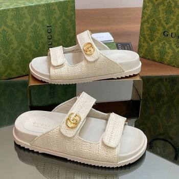 Gucci Straw Effect Flat Slides Sandal with Strap and GG White 2024 0605 (MD-240605024)
