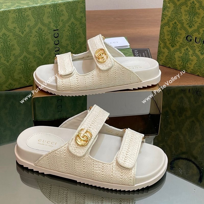 Gucci Straw Effect Flat Slides Sandal with Strap and GG White 2024 0605 (MD-240605024)