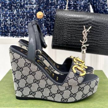 Gucci GG Canvas Wedge Sandals 12cm with Horsebit Grey2 2024 0605 (MD-240605054)