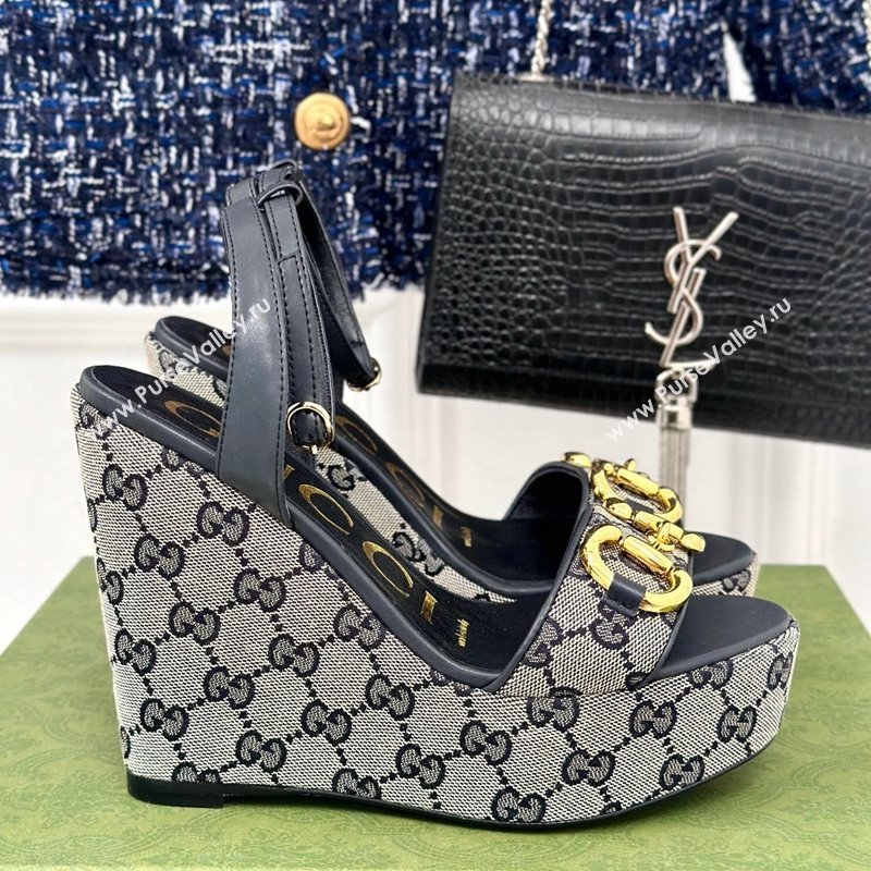 Gucci GG Canvas Wedge Sandals 12cm with Horsebit Grey2 2024 0605 (MD-240605054)