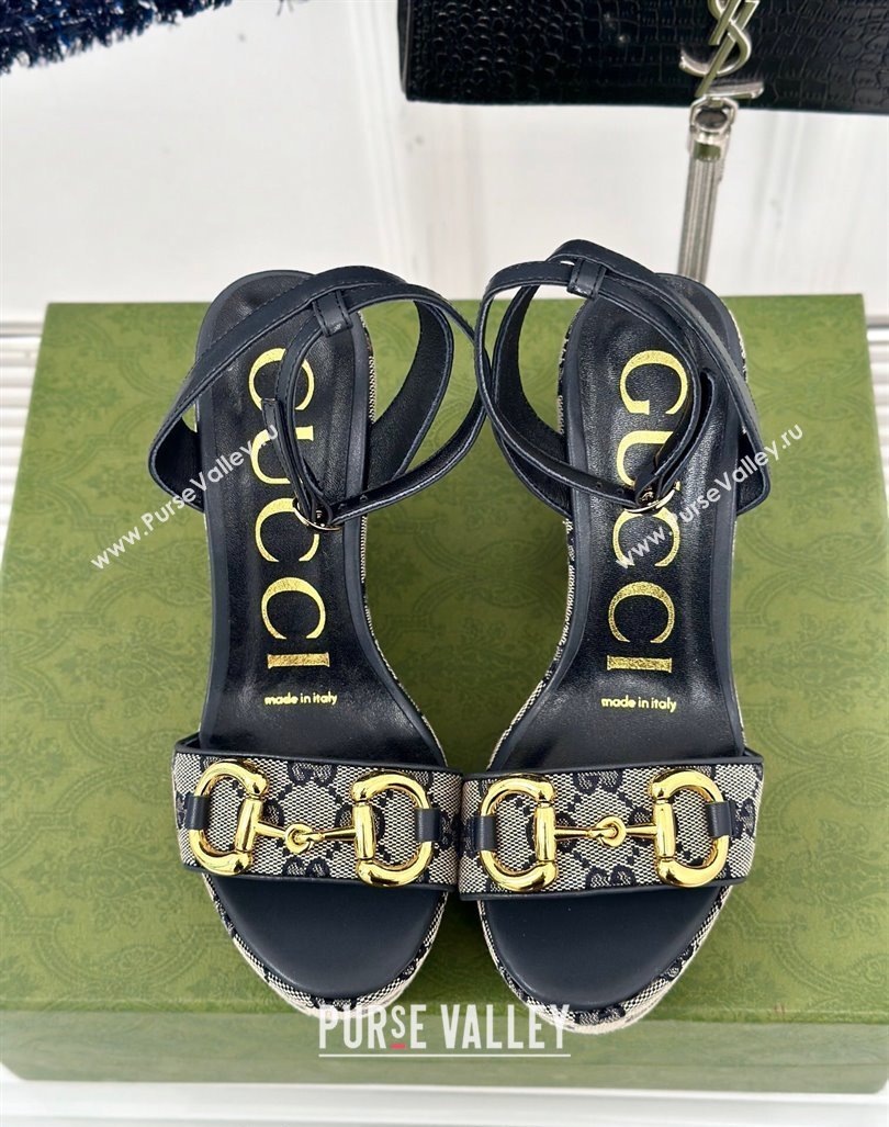 Gucci GG Canvas Wedge Sandals 12cm with Horsebit Grey2 2024 0605 (MD-240605054)