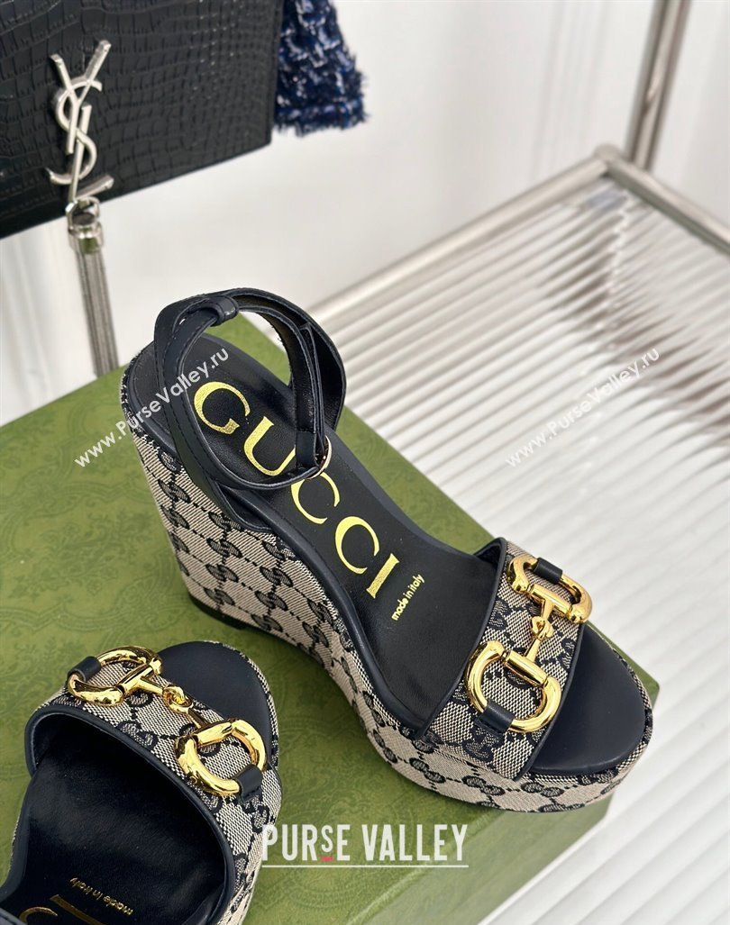 Gucci GG Canvas Wedge Sandals 12cm with Horsebit Grey2 2024 0605 (MD-240605054)