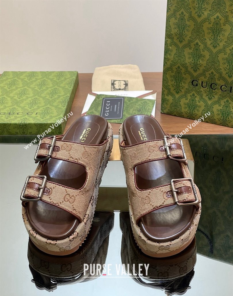 Gucci GG Canvas Platform Slides Sandal 5.5cm with Buckle Strap Beige 2024 0604 (MD-240605039)