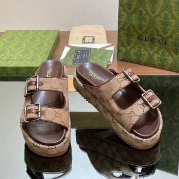 Gucci GG Canvas Platform Slides Sandal 5.5cm with Buckle Strap Beige 2024 0604 (MD-240605039)