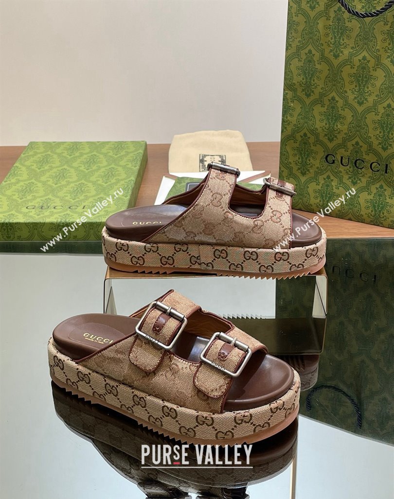 Gucci GG Canvas Platform Slides Sandal 5.5cm with Buckle Strap Beige 2024 0604 (MD-240605039)