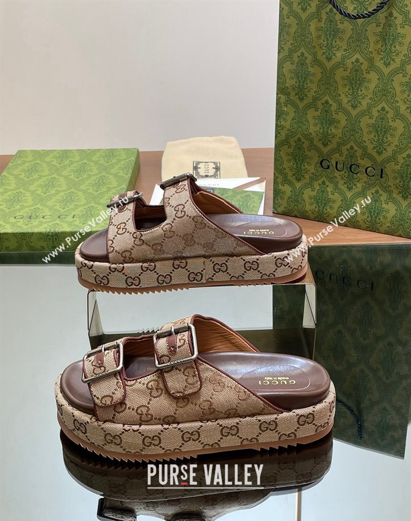 Gucci GG Canvas Platform Slides Sandal 5.5cm with Buckle Strap Beige 2024 0604 (MD-240605039)