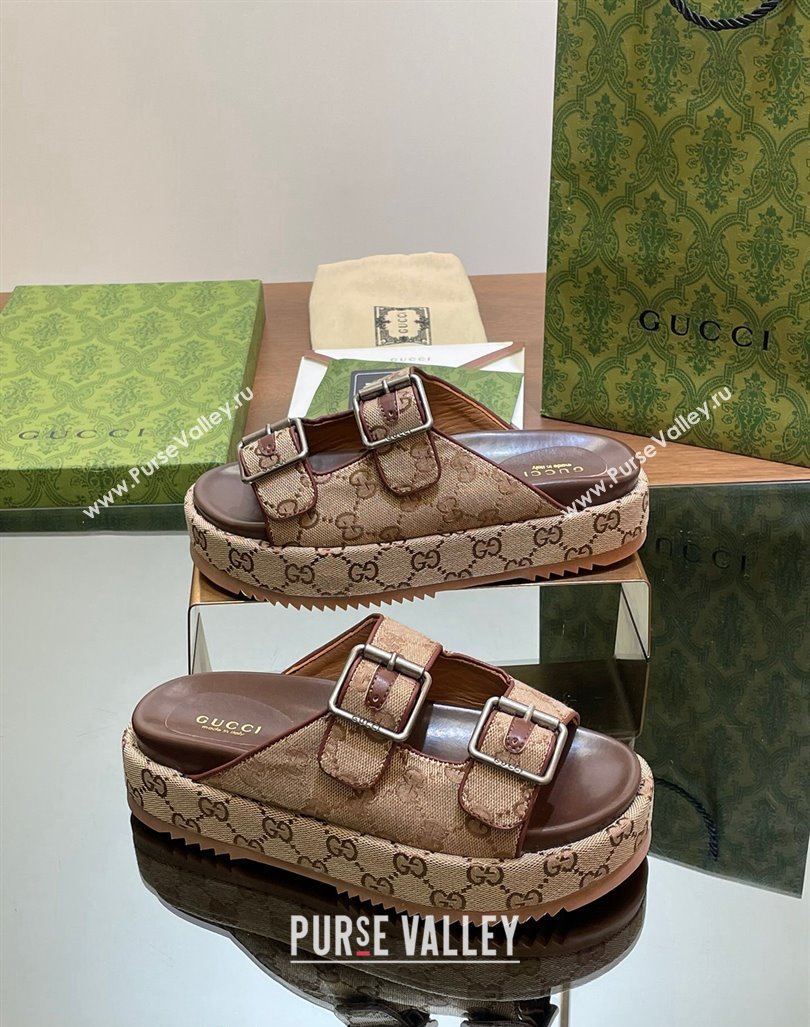 Gucci GG Canvas Platform Slides Sandal 5.5cm with Buckle Strap Beige 2024 0604 (MD-240605039)