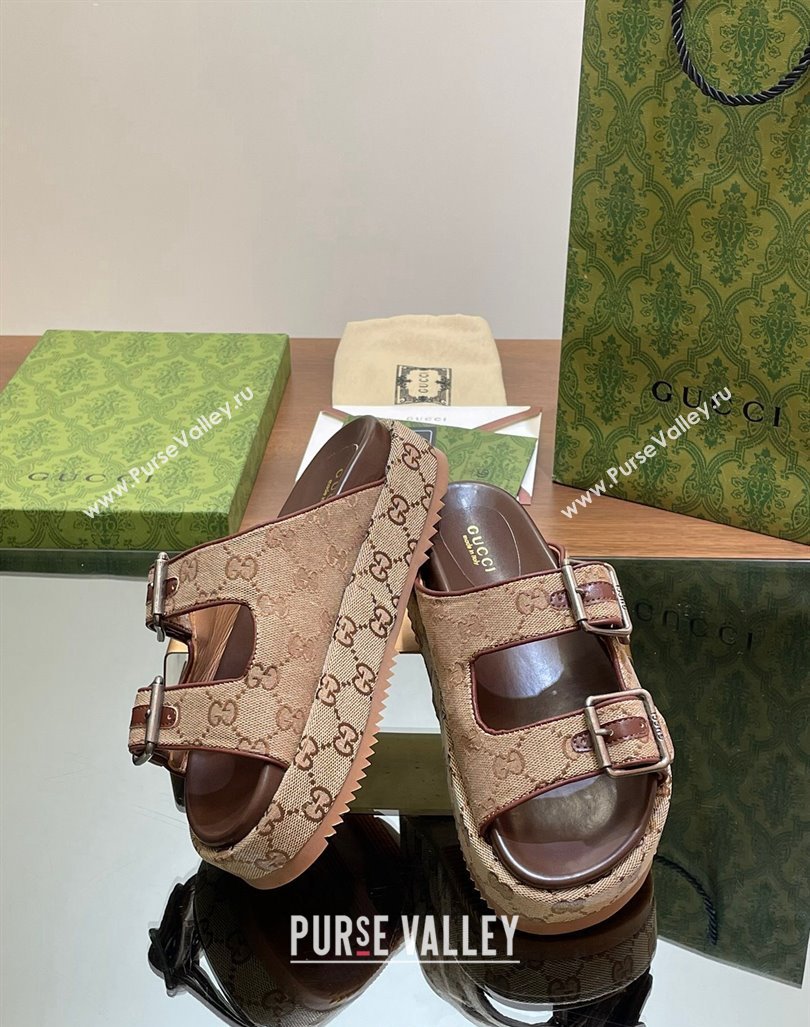 Gucci GG Canvas Platform Slides Sandal 5.5cm with Buckle Strap Beige 2024 0604 (MD-240605039)