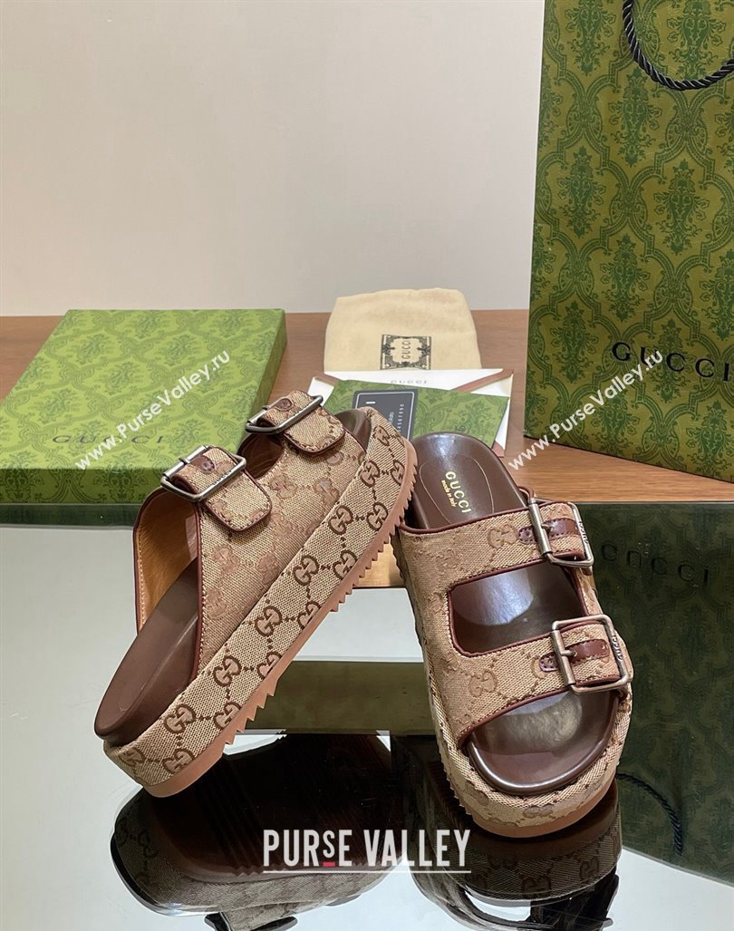 Gucci GG Canvas Platform Slides Sandal 5.5cm with Buckle Strap Beige 2024 0604 (MD-240605039)