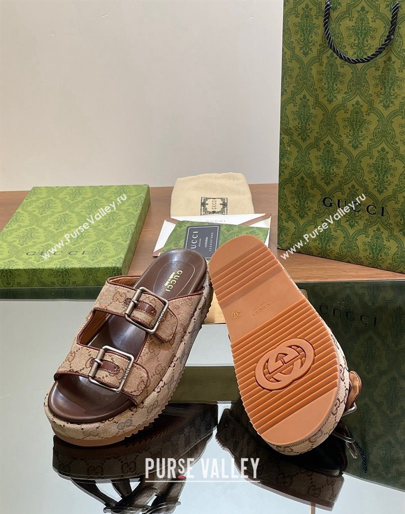 Gucci GG Canvas Platform Slides Sandal 5.5cm with Buckle Strap Beige 2024 0604 (MD-240605039)