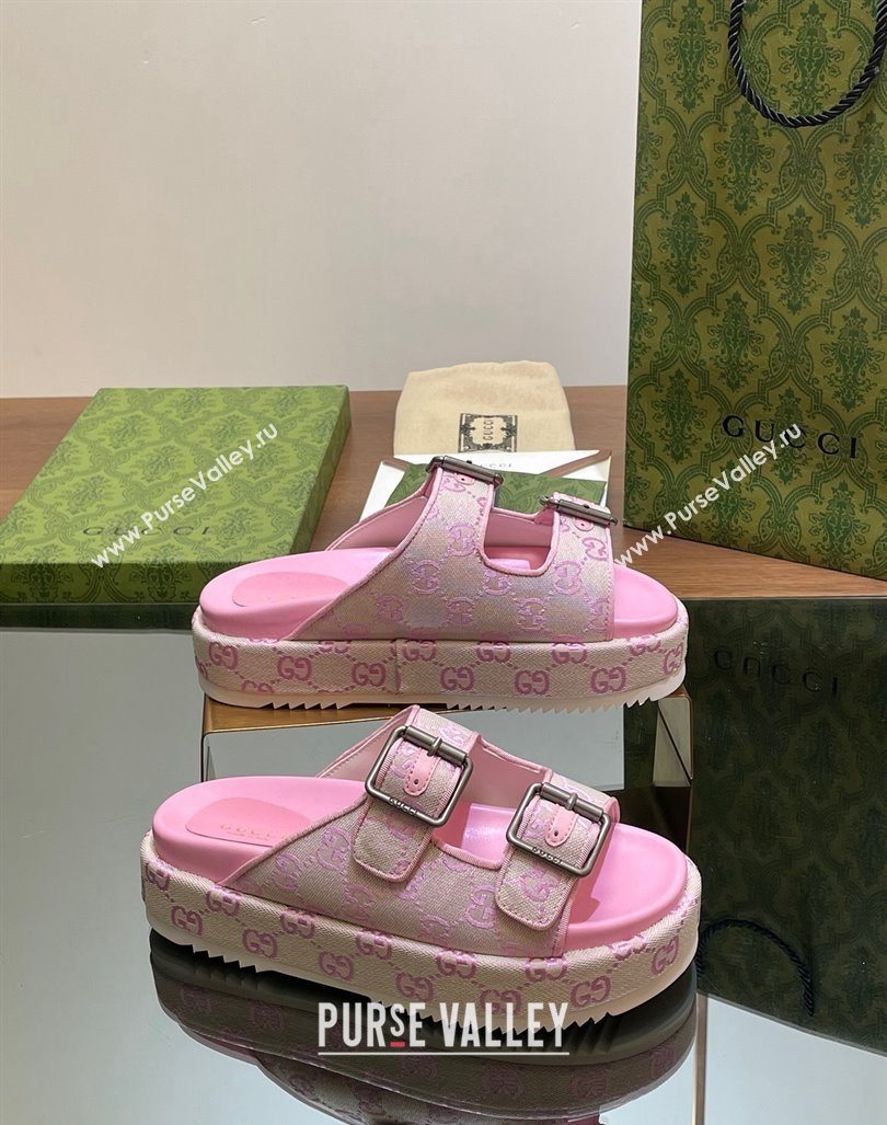 Gucci GG Canvas Platform Slides Sandal 5.5cm with Buckle Strap Pink 2024 0604 (MD-240605040)