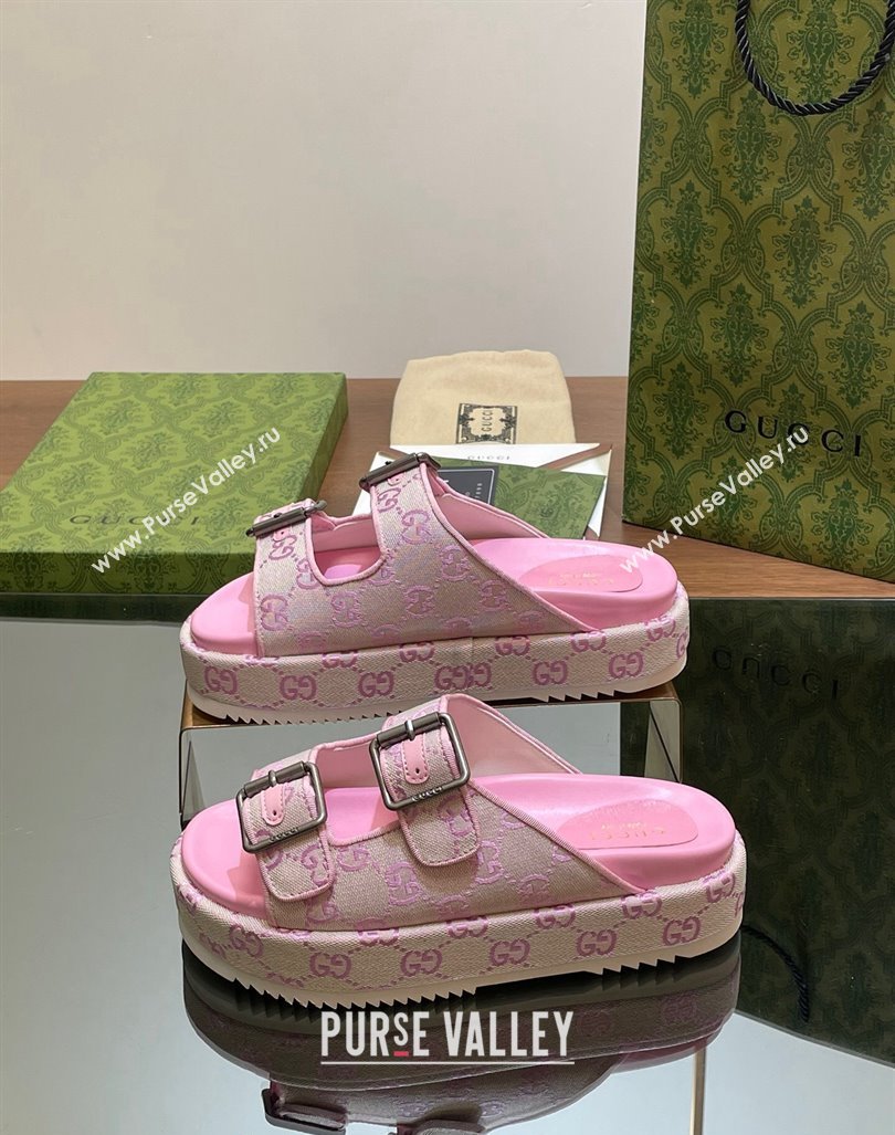 Gucci GG Canvas Platform Slides Sandal 5.5cm with Buckle Strap Pink 2024 0604 (MD-240605040)