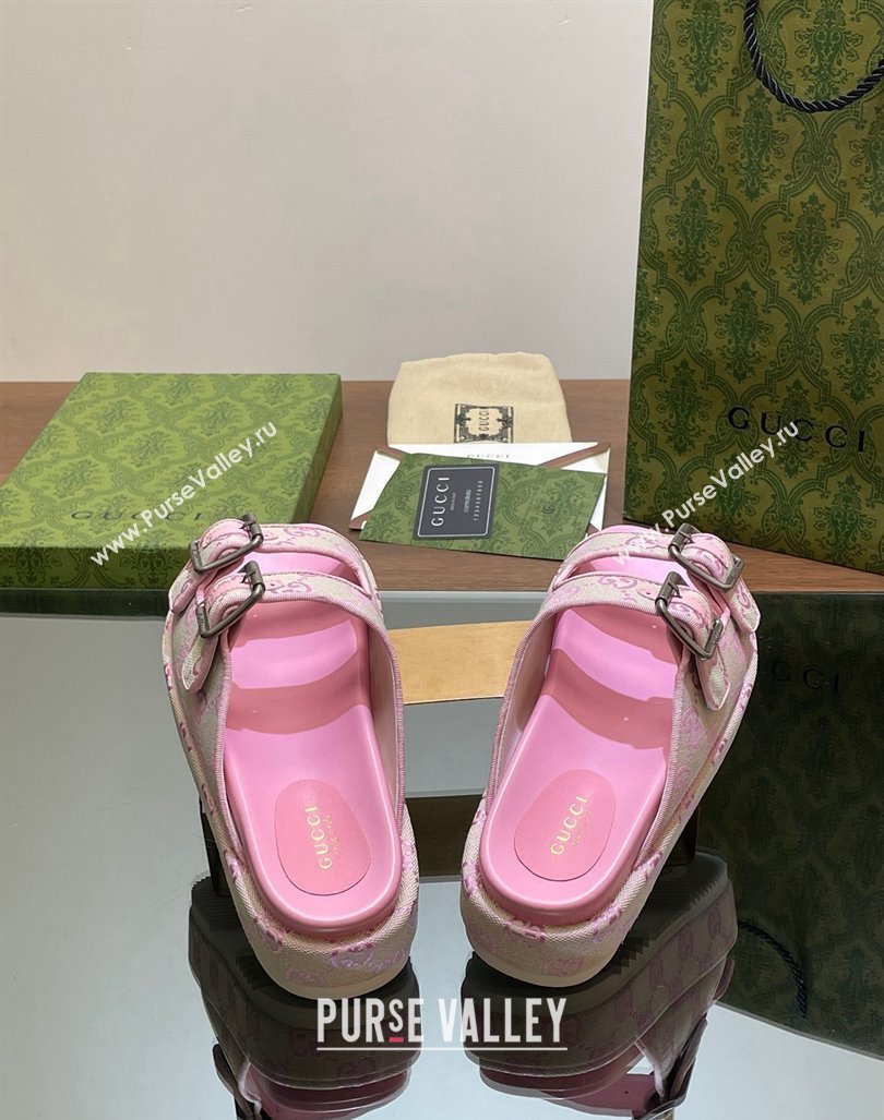 Gucci GG Canvas Platform Slides Sandal 5.5cm with Buckle Strap Pink 2024 0604 (MD-240605040)