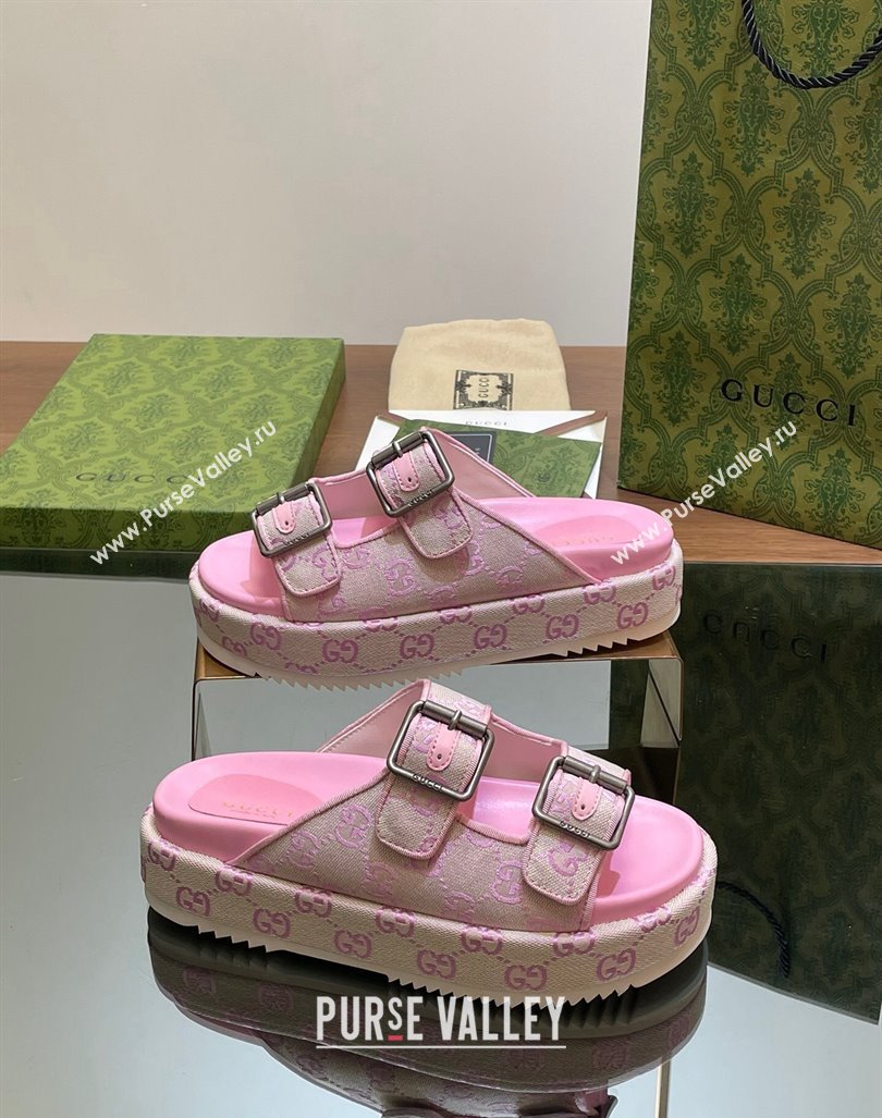 Gucci GG Canvas Platform Slides Sandal 5.5cm with Buckle Strap Pink 2024 0604 (MD-240605040)