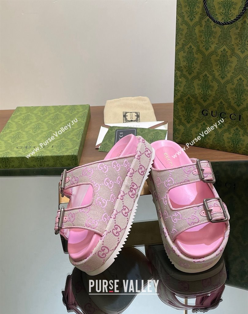 Gucci GG Canvas Platform Slides Sandal 5.5cm with Buckle Strap Pink 2024 0604 (MD-240605040)