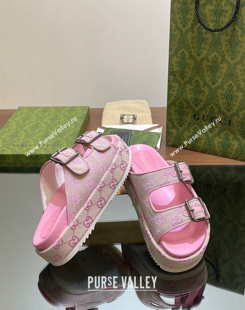 Gucci GG Canvas Platform Slides Sandal 5.5cm with Buckle Strap Pink 2024 0604 (MD-240605040)