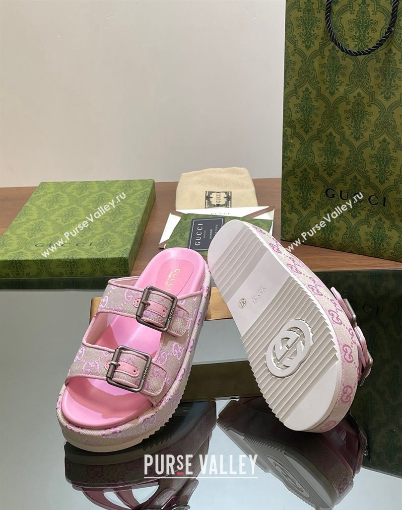 Gucci GG Canvas Platform Slides Sandal 5.5cm with Buckle Strap Pink 2024 0604 (MD-240605040)