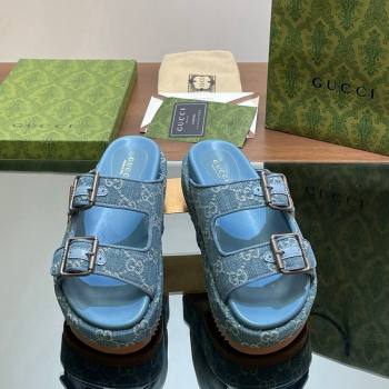 Gucci GG Denim Platform Slides Sandal 5.5cm with Buckle Strap Blue 2024 0604 (MD-240605041)