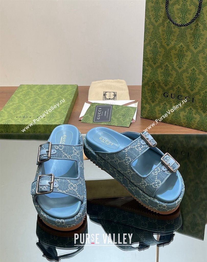 Gucci GG Denim Platform Slides Sandal 5.5cm with Buckle Strap Blue 2024 0604 (MD-240605041)