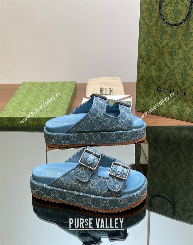 Gucci GG Denim Platform Slides Sandal 5.5cm with Buckle Strap Blue 2024 0604 (MD-240605041)