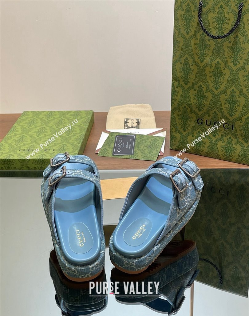 Gucci GG Denim Platform Slides Sandal 5.5cm with Buckle Strap Blue 2024 0604 (MD-240605041)