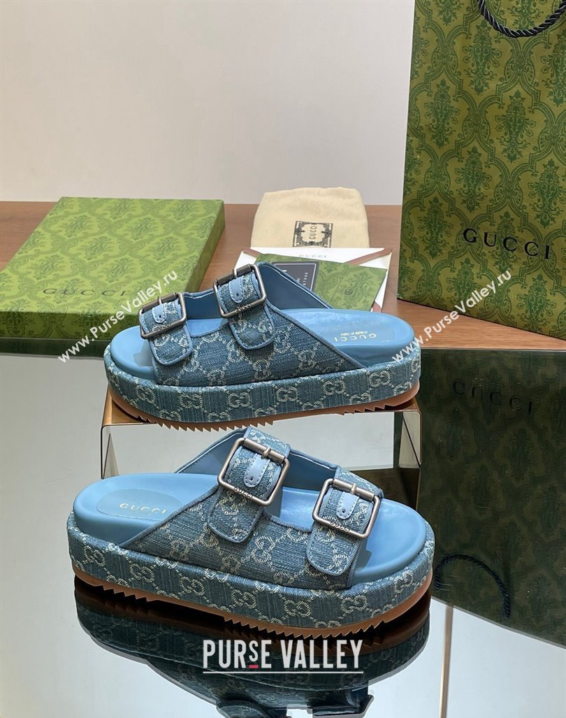 Gucci GG Denim Platform Slides Sandal 5.5cm with Buckle Strap Blue 2024 0604 (MD-240605041)