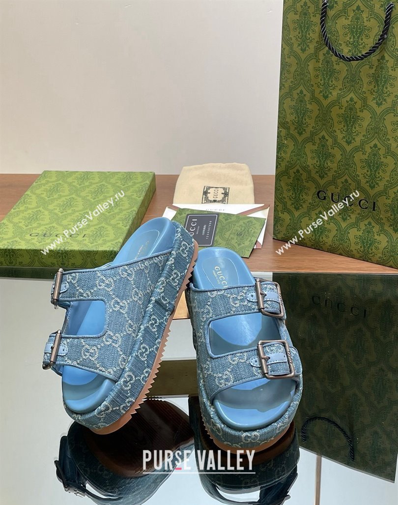 Gucci GG Denim Platform Slides Sandal 5.5cm with Buckle Strap Blue 2024 0604 (MD-240605041)