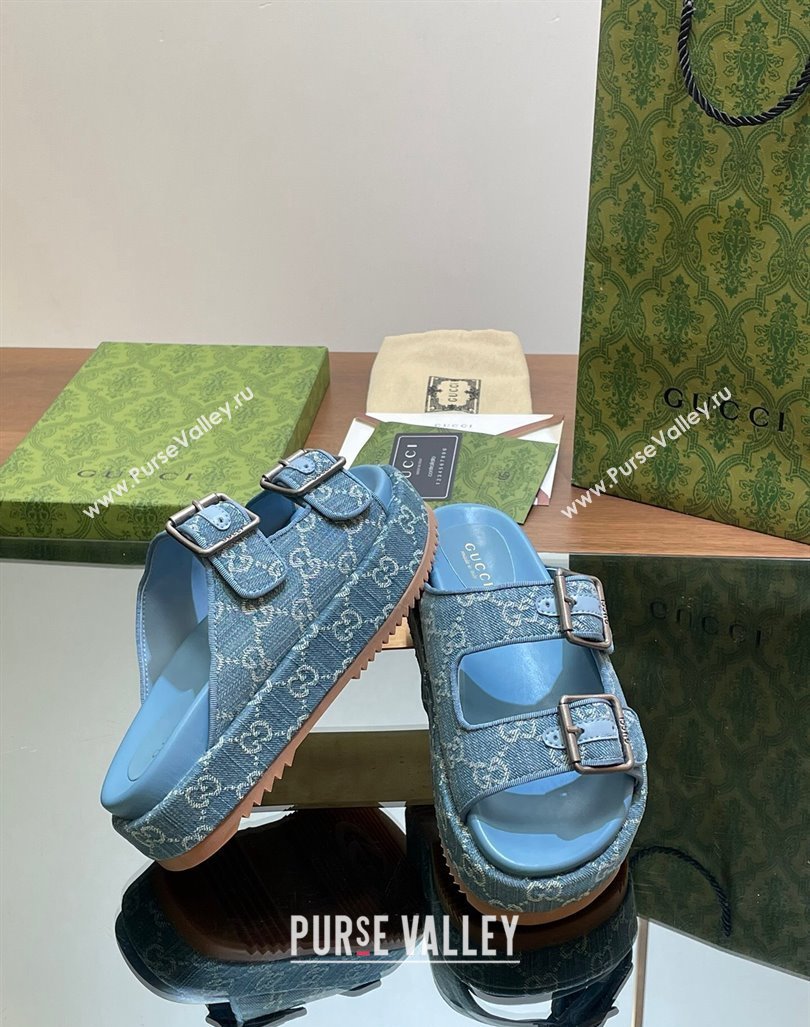 Gucci GG Denim Platform Slides Sandal 5.5cm with Buckle Strap Blue 2024 0604 (MD-240605041)