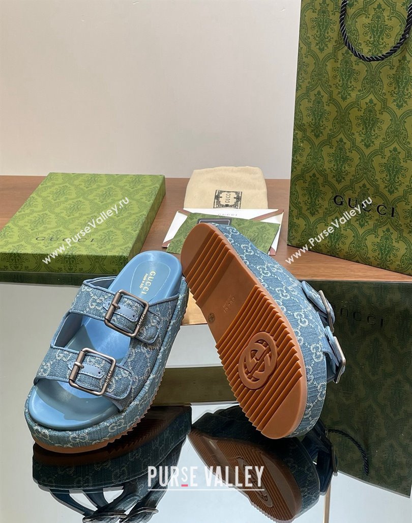 Gucci GG Denim Platform Slides Sandal 5.5cm with Buckle Strap Blue 2024 0604 (MD-240605041)