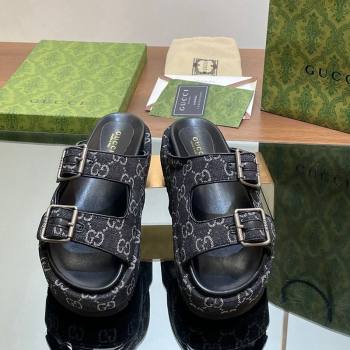 Gucci GG Denim Platform Slides Sandal 5.5cm with Buckle Strap Black 2024 0604 (MD-240605042)