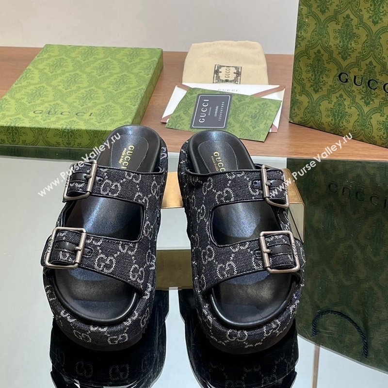 Gucci GG Denim Platform Slides Sandal 5.5cm with Buckle Strap Black 2024 0604 (MD-240605042)