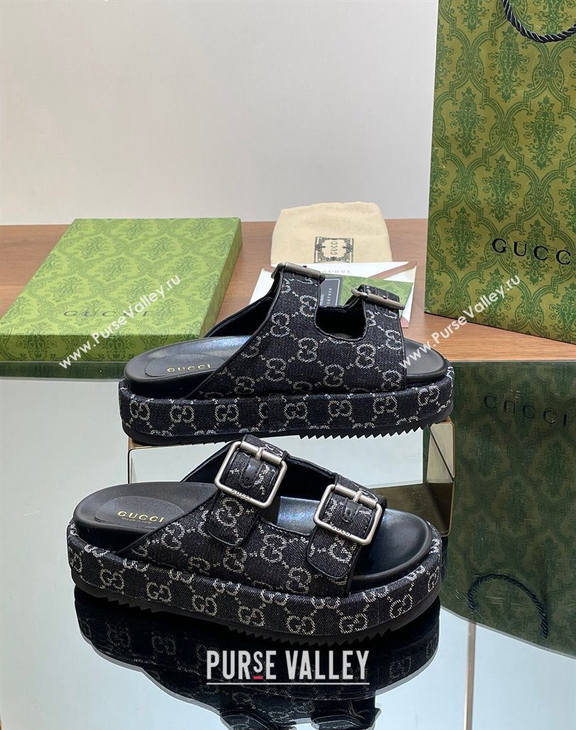 Gucci GG Denim Platform Slides Sandal 5.5cm with Buckle Strap Black 2024 0604 (MD-240605042)