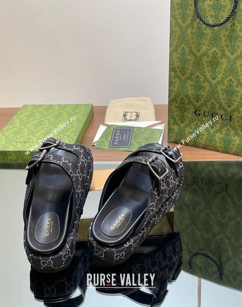 Gucci GG Denim Platform Slides Sandal 5.5cm with Buckle Strap Black 2024 0604 (MD-240605042)