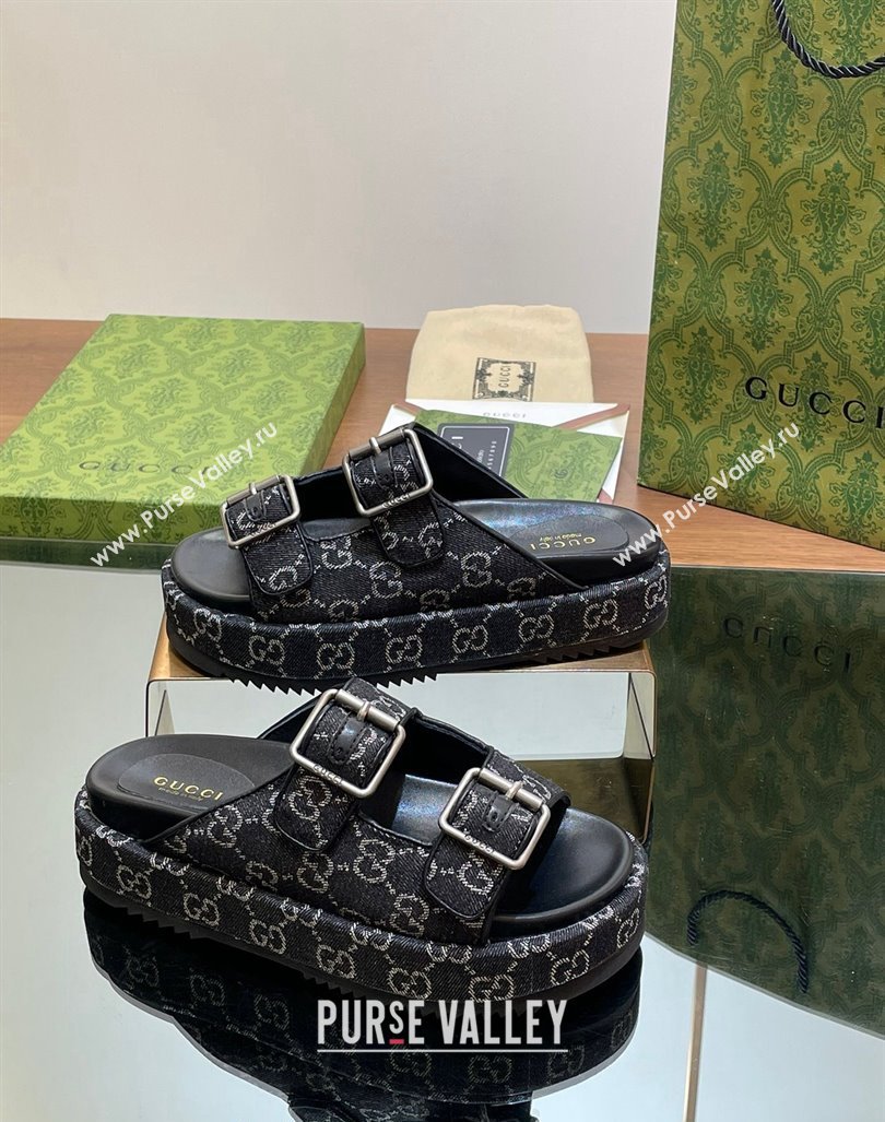 Gucci GG Denim Platform Slides Sandal 5.5cm with Buckle Strap Black 2024 0604 (MD-240605042)