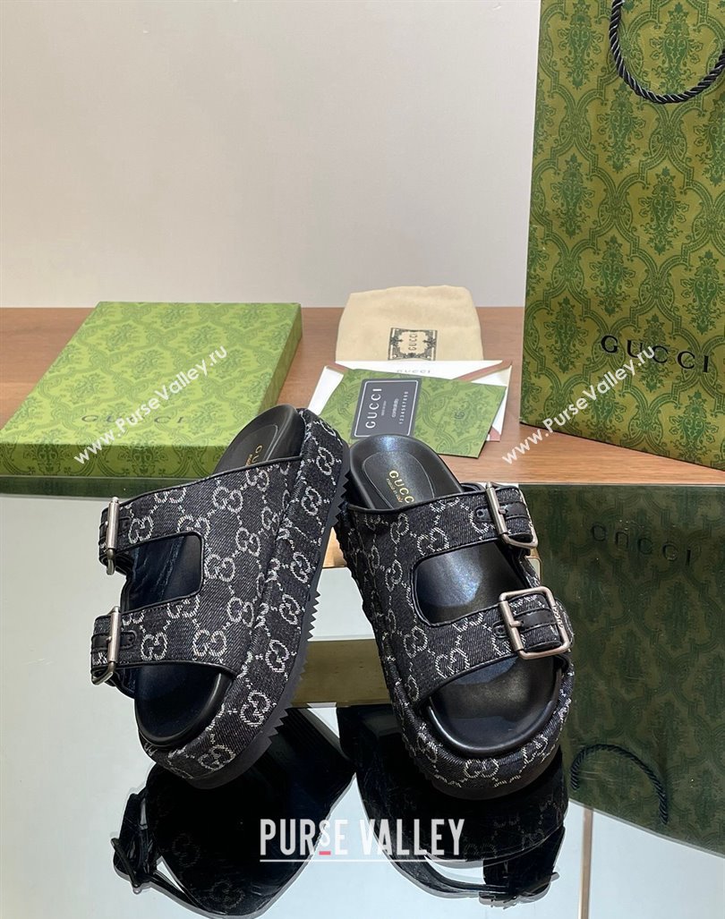 Gucci GG Denim Platform Slides Sandal 5.5cm with Buckle Strap Black 2024 0604 (MD-240605042)