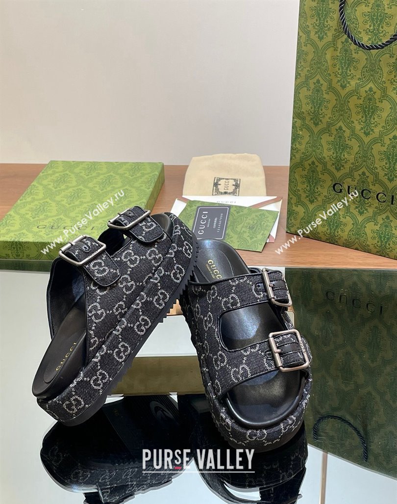 Gucci GG Denim Platform Slides Sandal 5.5cm with Buckle Strap Black 2024 0604 (MD-240605042)