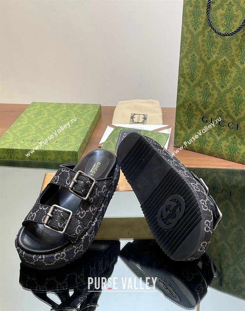 Gucci GG Denim Platform Slides Sandal 5.5cm with Buckle Strap Black 2024 0604 (MD-240605042)