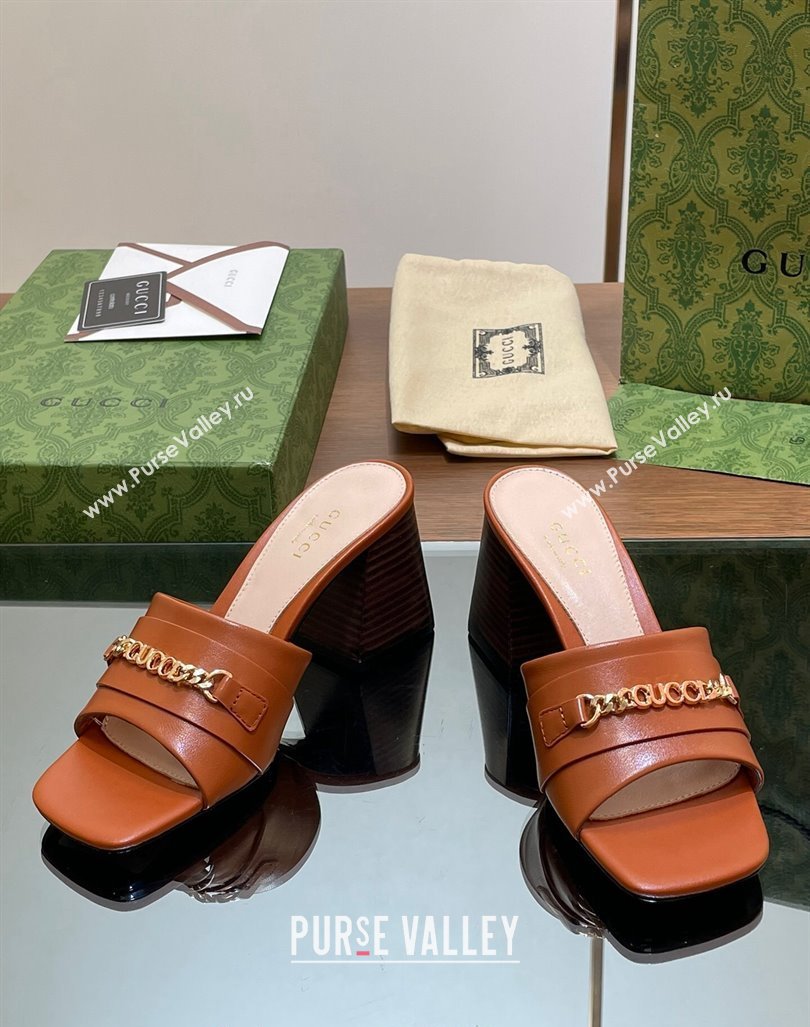 Gucci Signoria Heel Slide Sandals 7.5cm with Chain Brown 2024 0605 (MD-240605057)