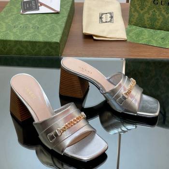 Gucci Signoria Heel Slide Sandals 7.5cm with Chain Silver 2024 0605 (MD-240605059)