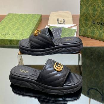 Gucci Chevron Leather Platform Slides Sandal 3.5cm with Double G Black 2024 (MD-240605060)